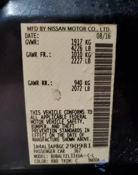 2016 Nissan Altima 2.5 from USA, damaged, VIN 1N4AL3AP8GC290981